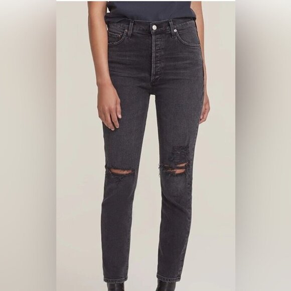NWT AGOLDE “Nico” high rise slim fit 5 pocket Zip fly faded soft black jeans 24 - Picture 1 of 4